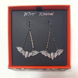 Betsey Johnson Dangling Bat Earrings with Silver Crystals and Rhinestones NEW